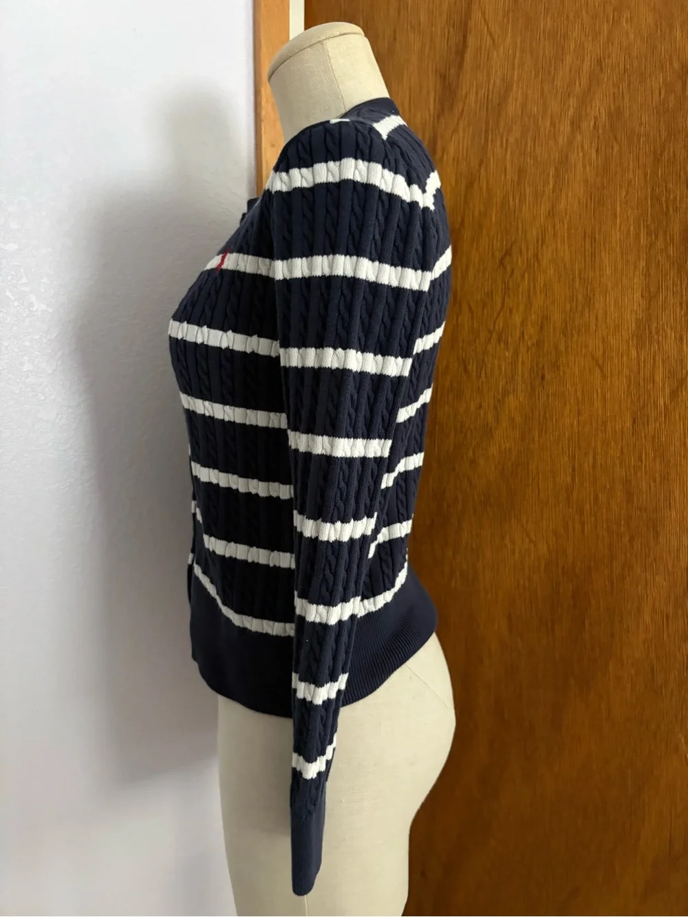 POLO RALPH LAUREN Girls sz XL 14-16 Cable Knit Cardigan Navy Blue White Striped - Picture 8 of 10